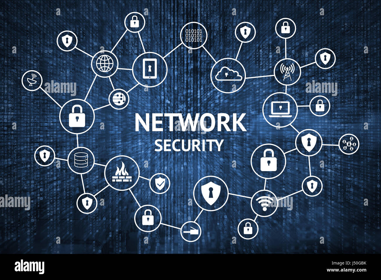 Cyber security network concept. Icons of master key , firewall , internet connect world networking virtual and blue binary coded matrix background Stock Photo