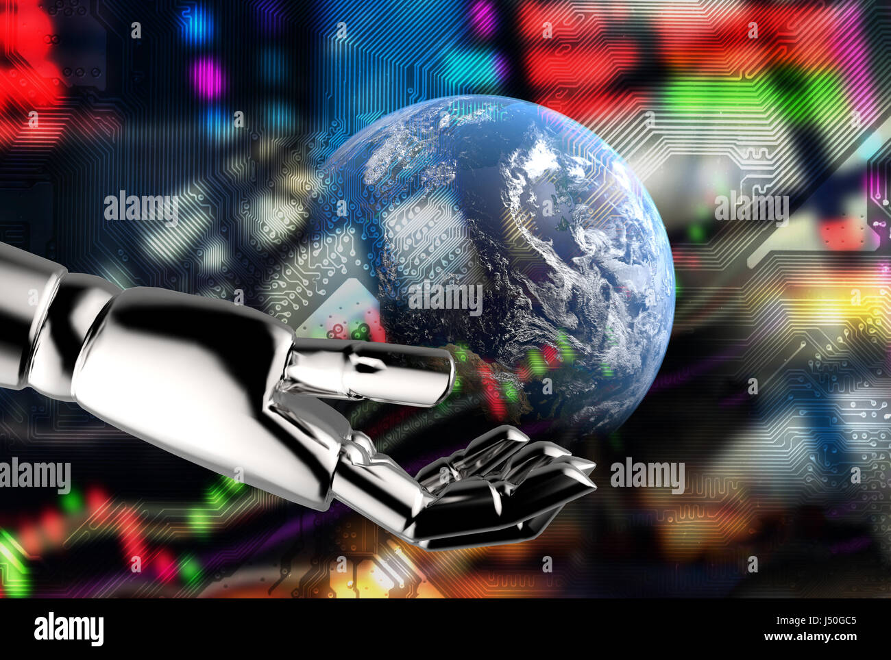 Cyber communication , robot world , Fintech and robo advisor in stock market finance concept.3d rendering Robot hand holding earth furnished by NASA w Stock Photo