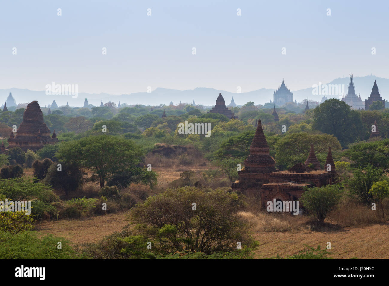 Scenic view of many temples and pagodas in the ancient plain of Bagan in Myanmar (Burma), viewed from the Bulethi (Buledi) Temple. Stock Photo