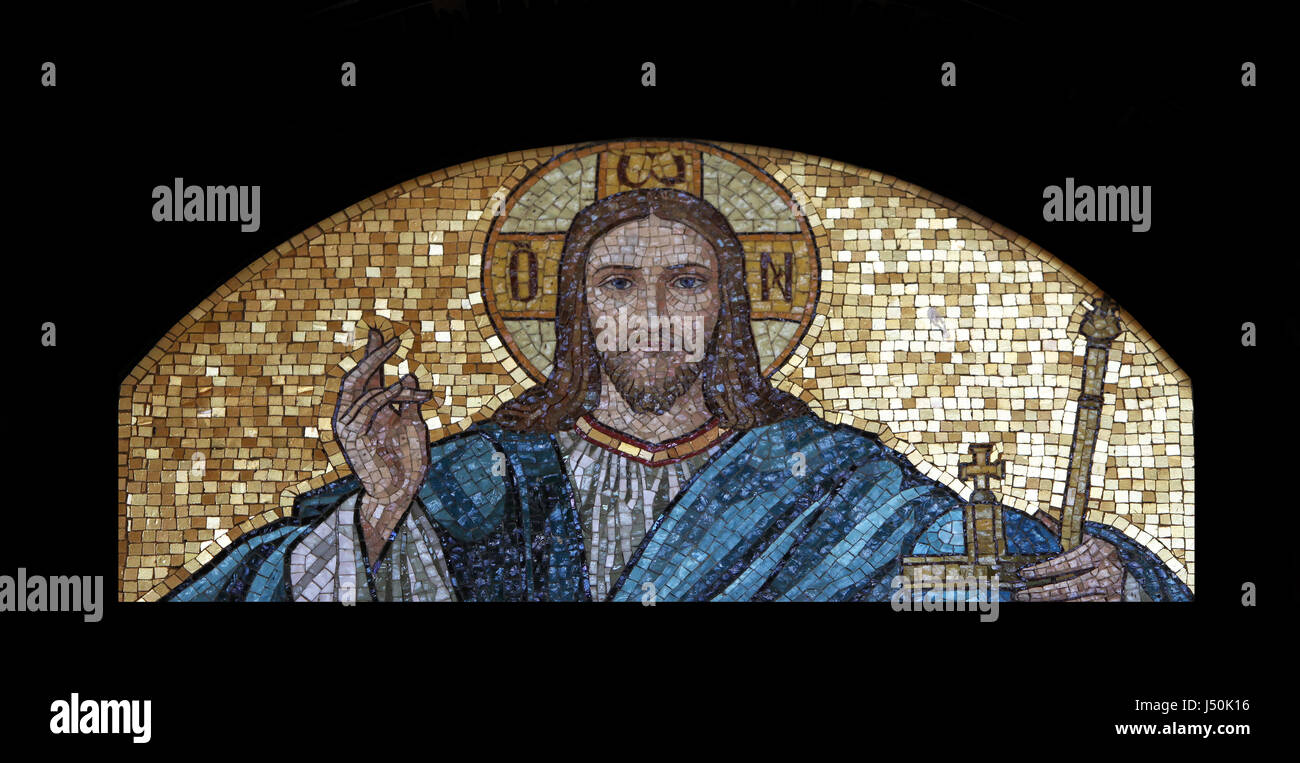 Jesus Christ, mosaic, Mirogoj cemetery in Zagreb, Croatia on October 28, 2013. Stock Photo