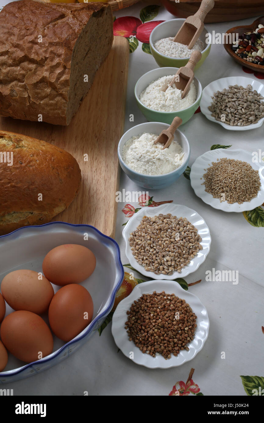 Ingredients for whole grain healthy bread, whole wheat flour, wheat