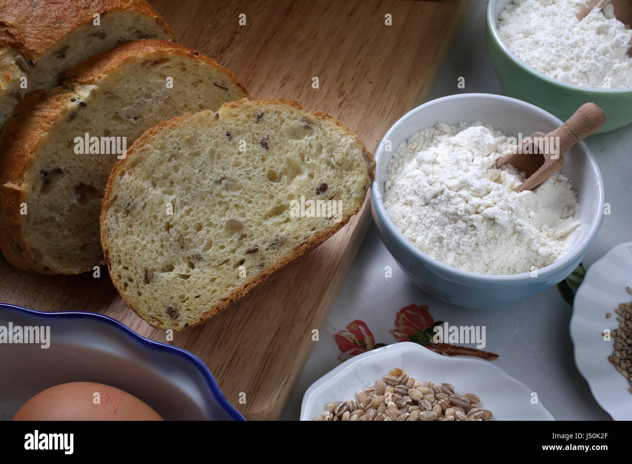 Ingredients for whole grain healthy bread, whole wheat flour, wheat