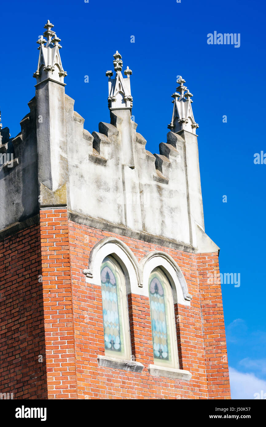 Alabama Bullock County,Union Springs,South Powell Street,First United Methodist Church,1903,German art artwork glass windows,turret,visitors travel tr Stock Photo