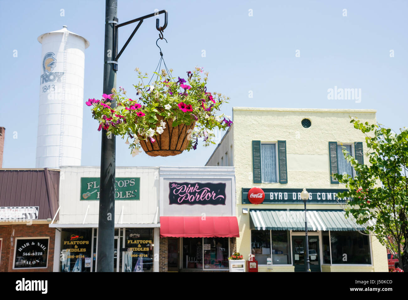 Alabama Troy small town square hanging basket downtown historic Stock