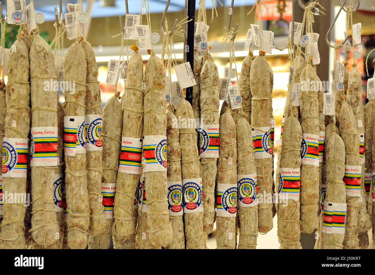 salami in a shop, Parma, Emilia Romagna, Italy, Europe, Italian food Stock Photo