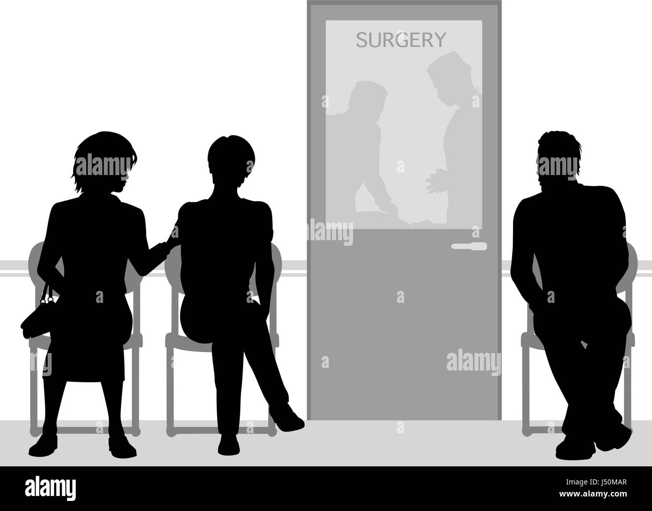 Editable vector silhouettes of people waiting during an operation on a family member or friend Stock Vector