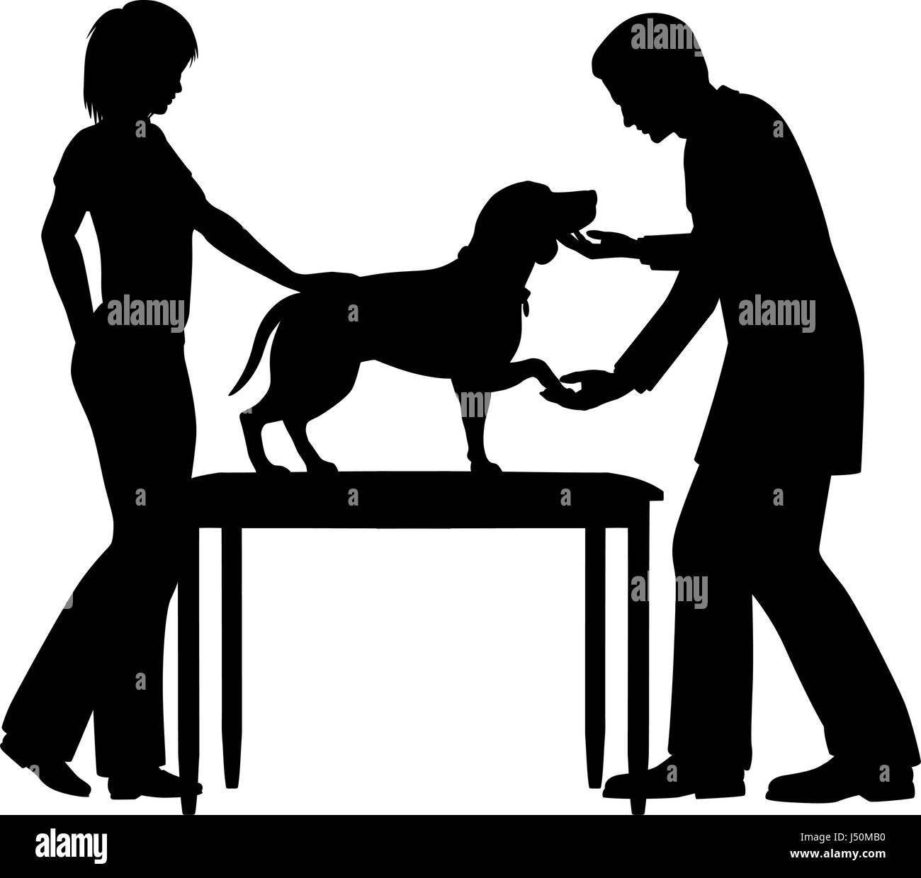 Editable vector silhouette of a vet examining a pet dog with figures as separate objects Stock Vector