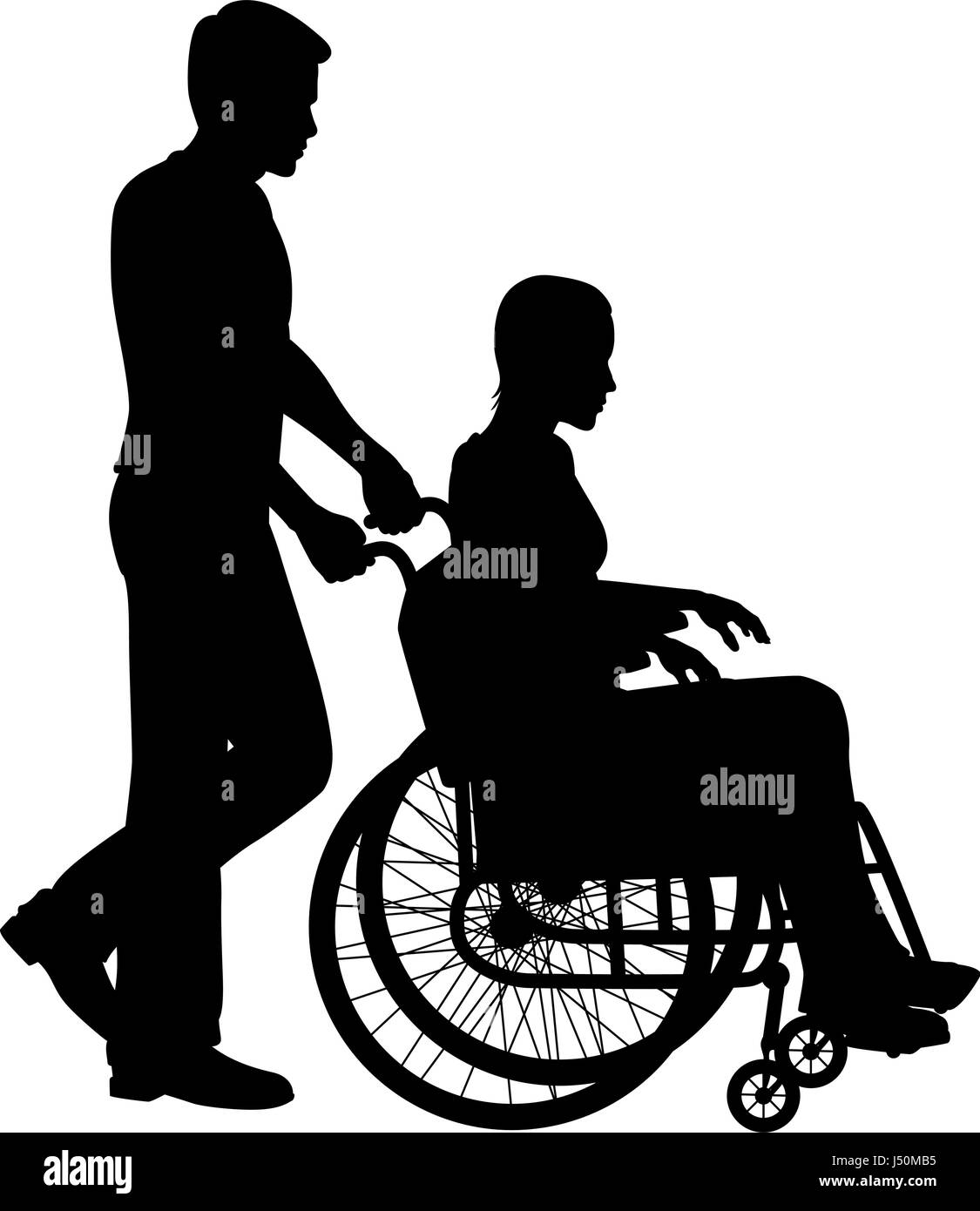 Editable vector silhouette of a man pushing a woman in a wheelchair with figures and chair as separate objects Stock Vector