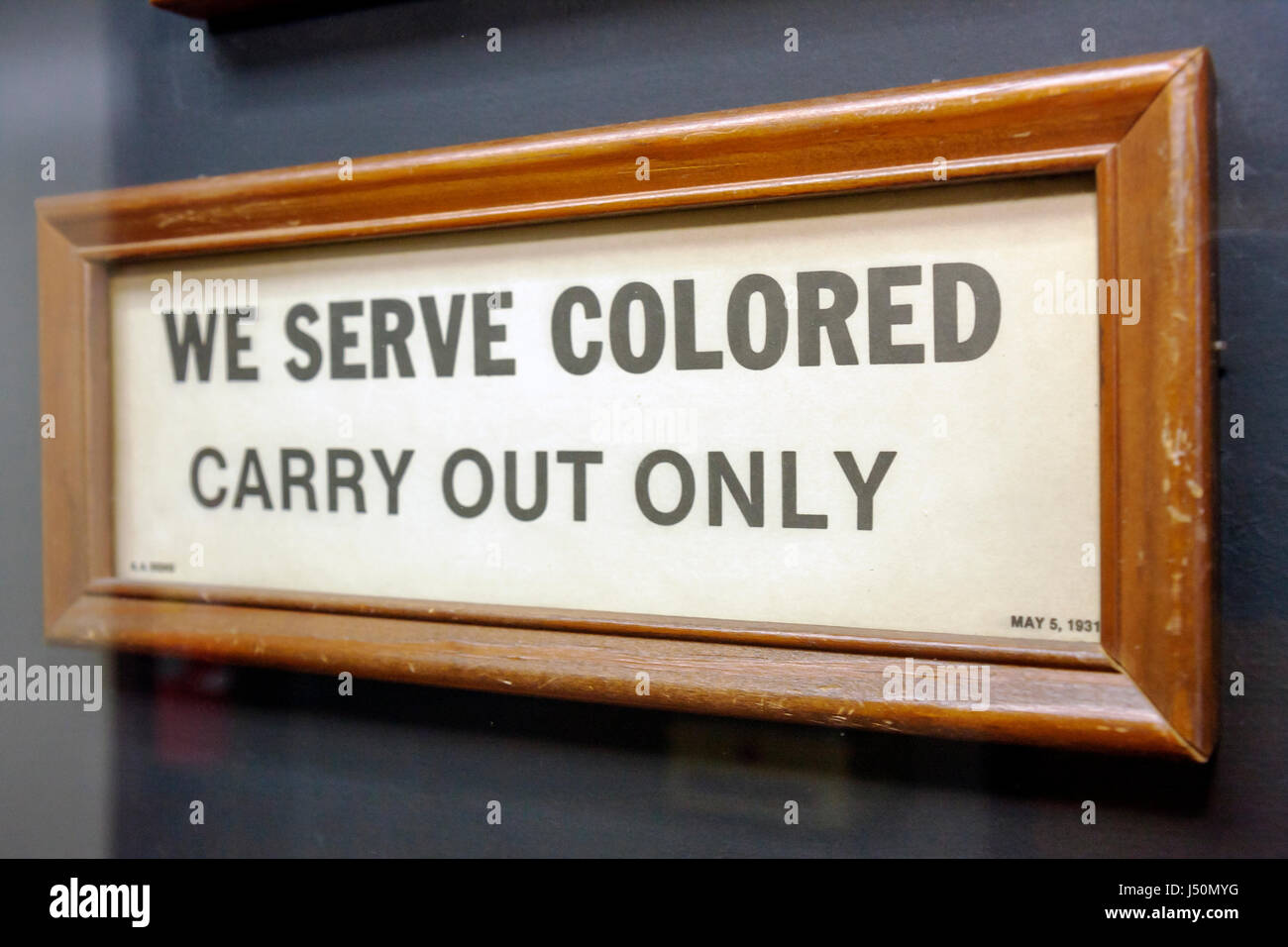 Alabama,Dallas County,Selma,National Voting Rights Museum & Institute,Civil Rights Movement,segregation,Black History,sign,we serve colored carry out Stock Photo