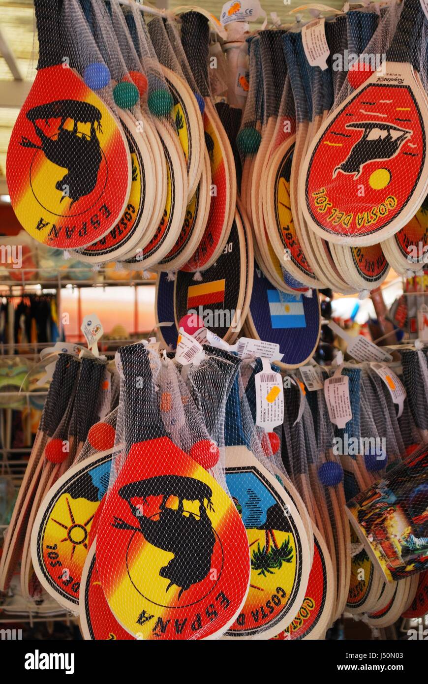 Bat and ball sets for sale at a tourist shop, Torremolinos, Malaga Province, Andalusia, Spain, Western Europe. Stock Photo