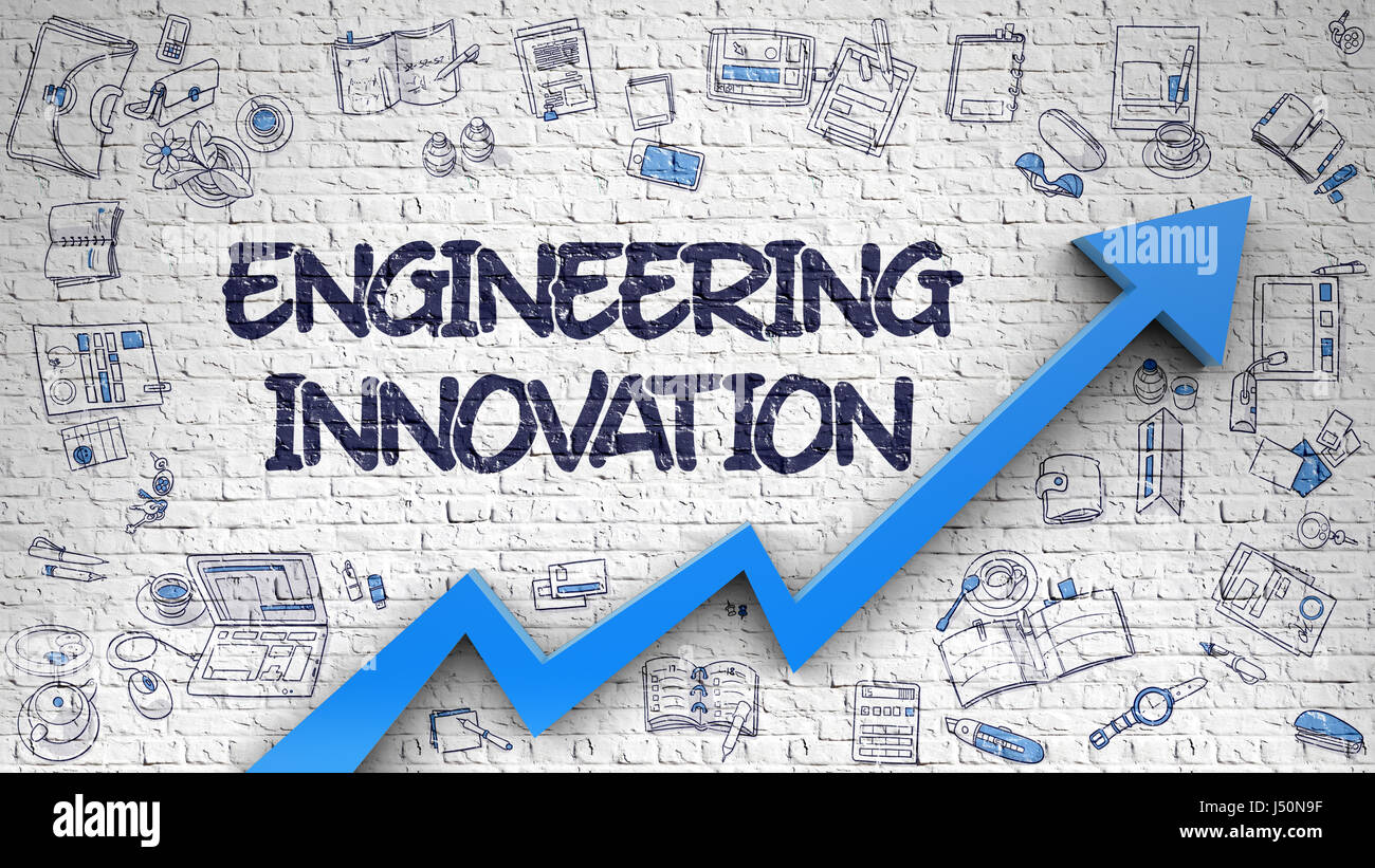 Engineering Innovation Drawn on White Wall. 3D. Stock Photo