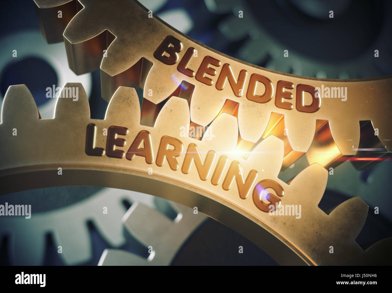 Blended Learning Concept. Golden Gears. 3D Illustration. Stock Photo