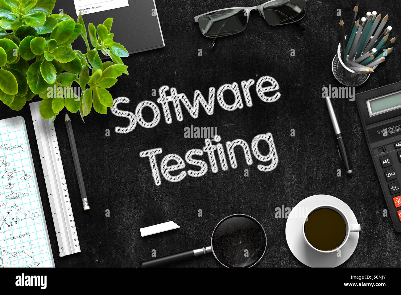 Software Testing Concept on Black Chalkboard. 3D Rendering. Stock Photo