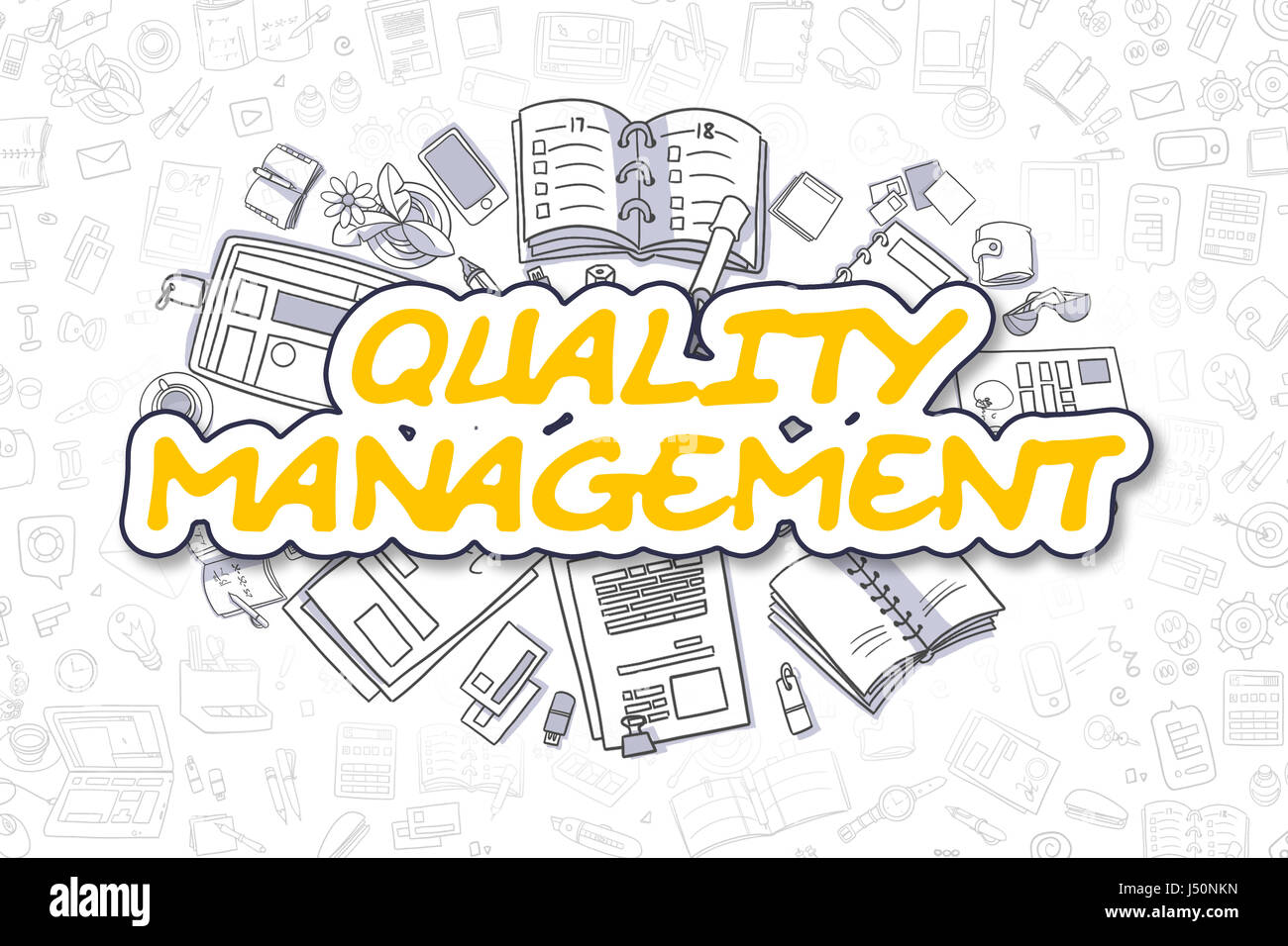 Quality Management - Doodle Yellow Text. Business Concept. Stock Photo