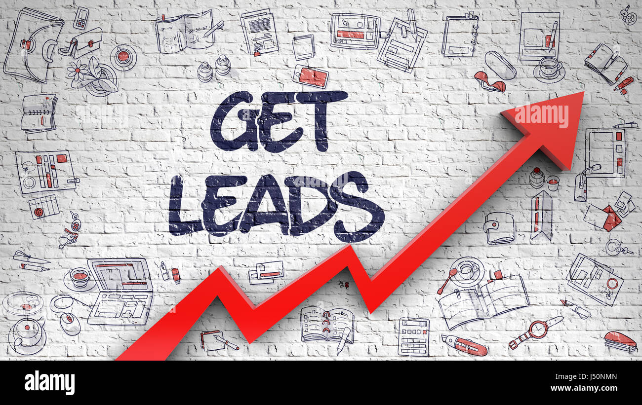Get Leads Drawn on White Wall. 3D. Stock Photo