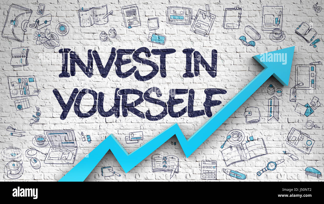 Invest In Yourself Drawn on White Brick Wall. 3D. Stock Photo