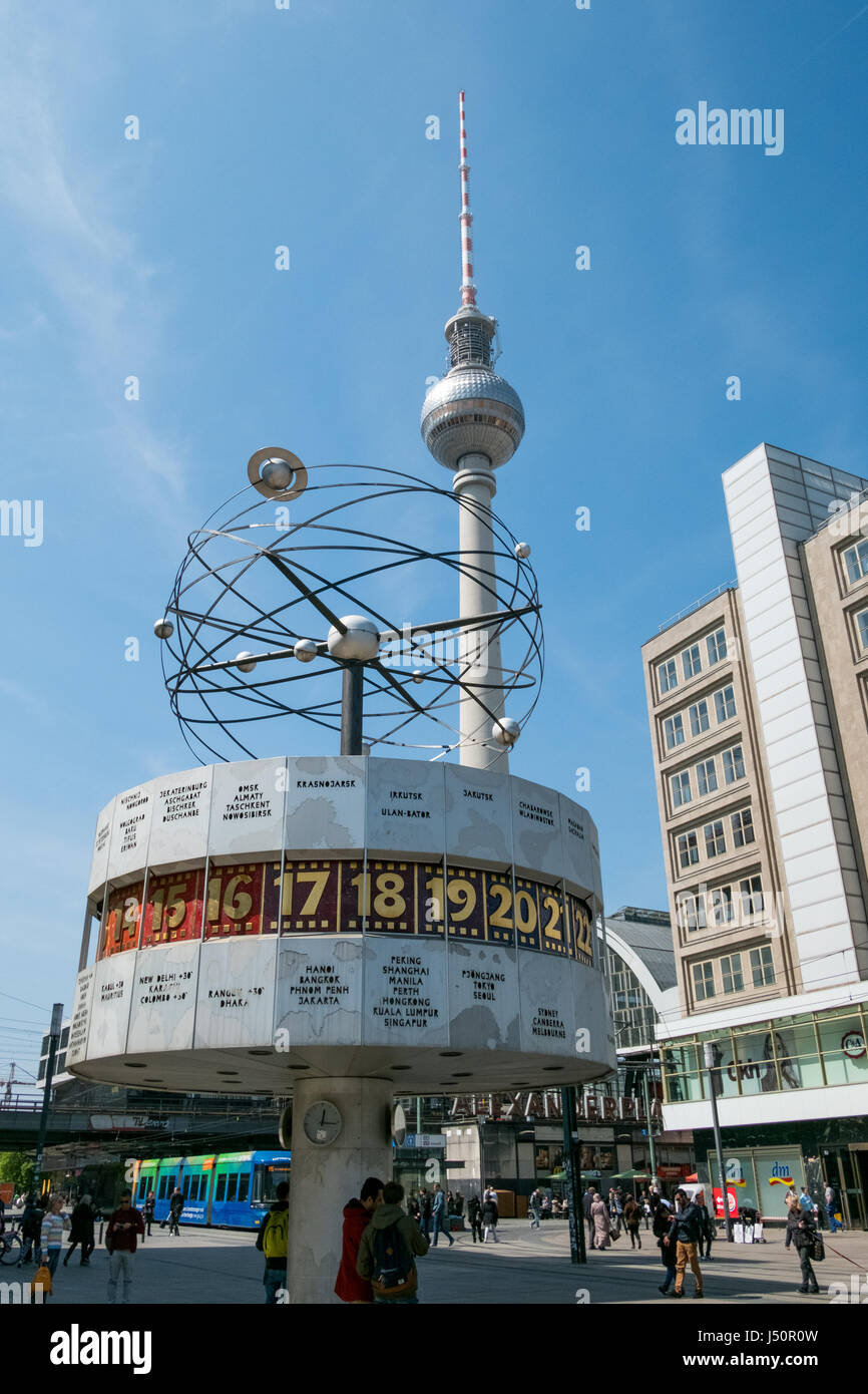 The Tv Tower ( Fernsehturm ) and the World Clock in Berlin Stock Photo
