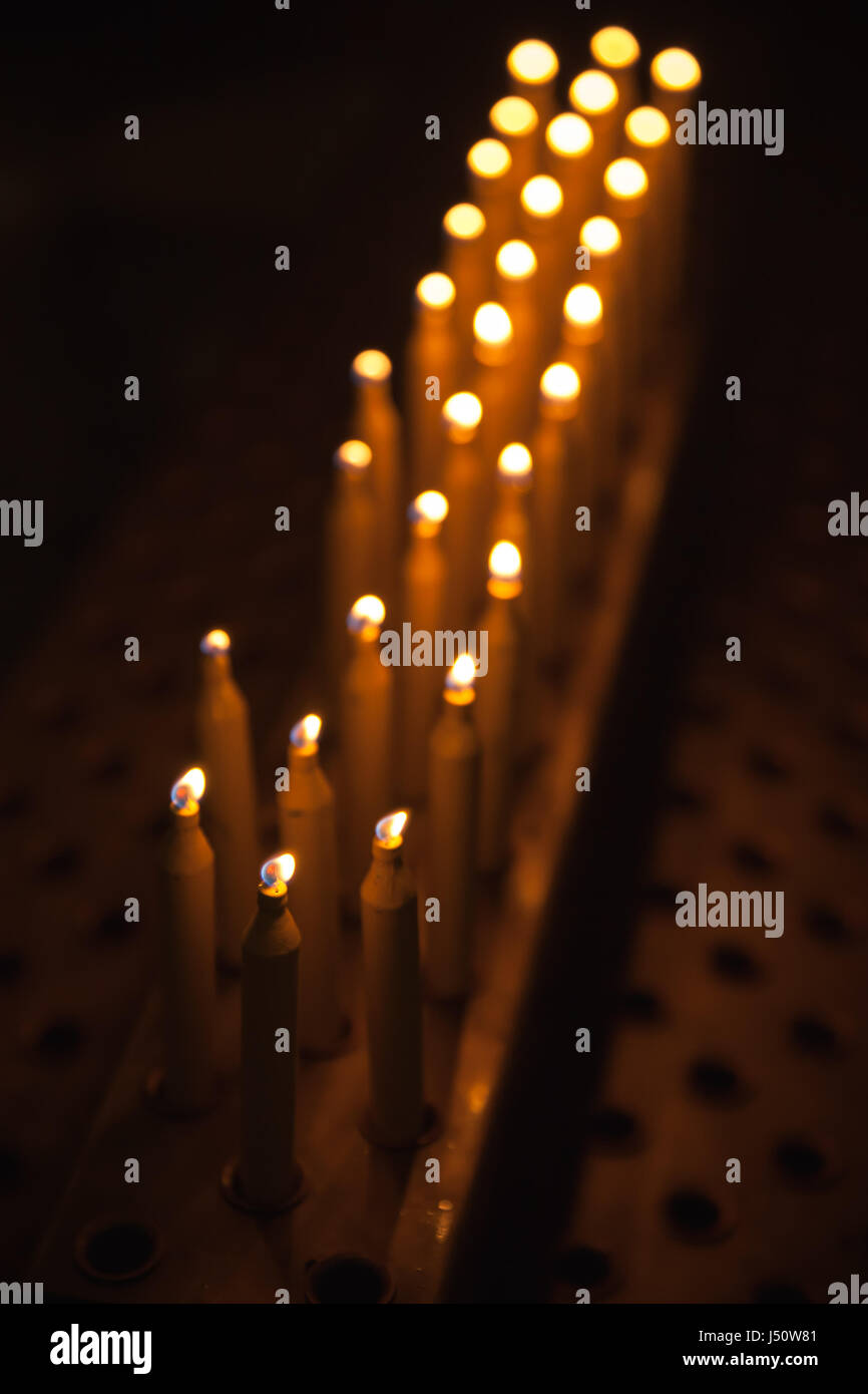 Burning prayer candles stand in a row, dark Catholic church interior