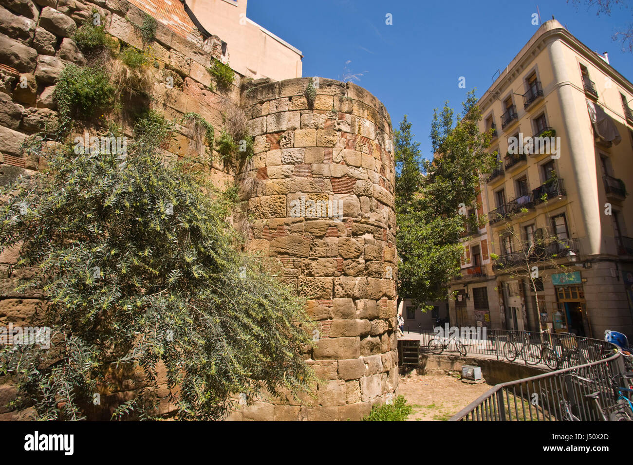 Roman walls in Barcelona Spain ES EU Stock Photo