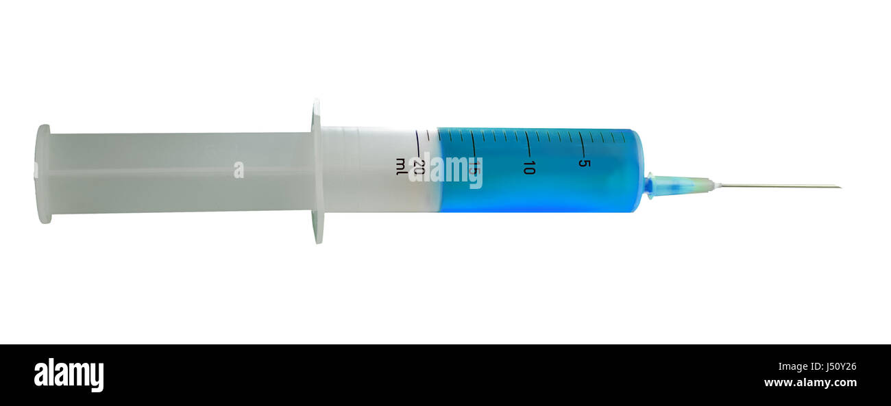 Isolated syringe with needle with blue liquid on white background Stock Photo