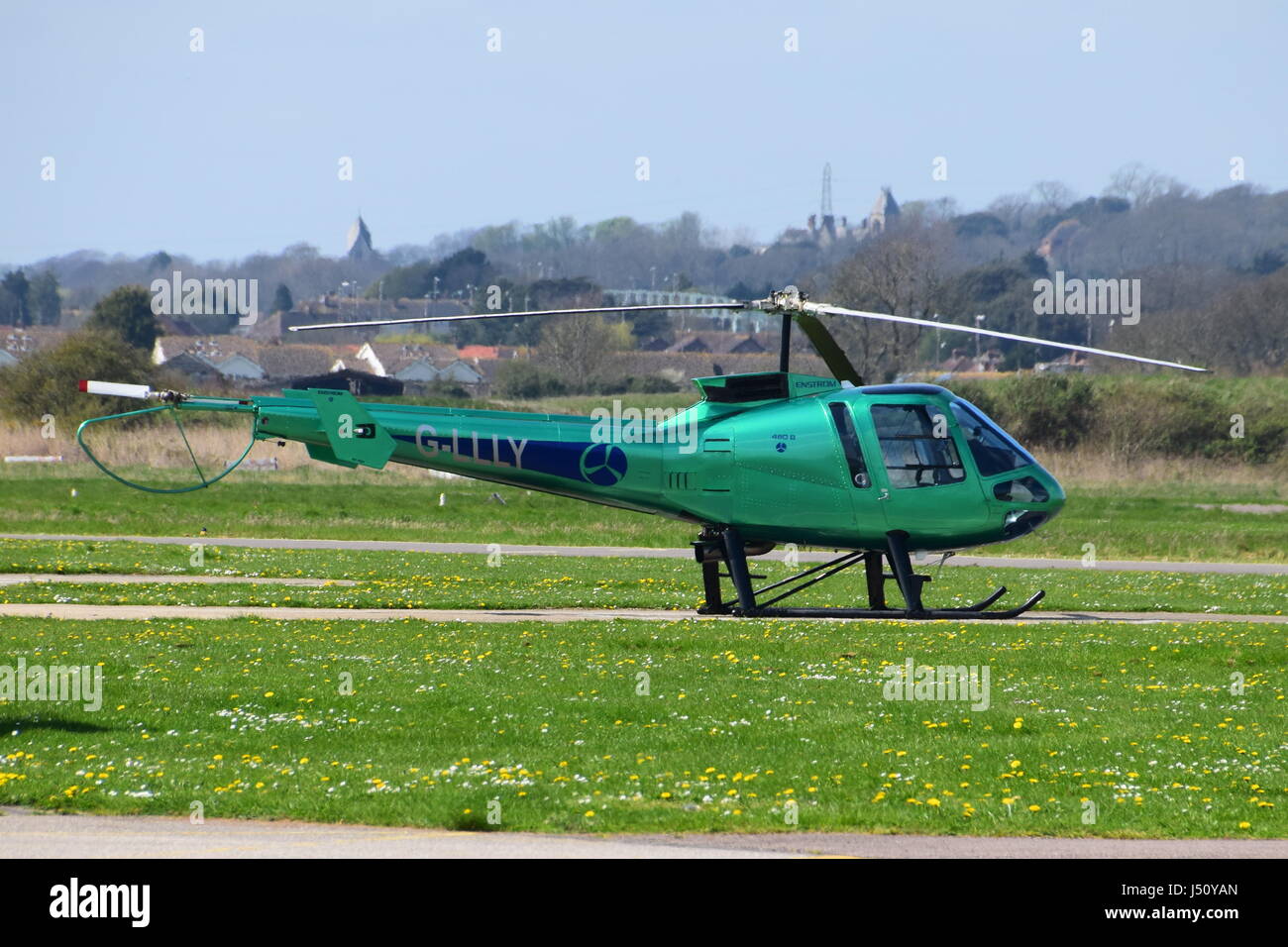 G-LLLY, Enstrom 480B, green helicopter, Brighton City Airport, Shoreham West Sussex Stock Photo