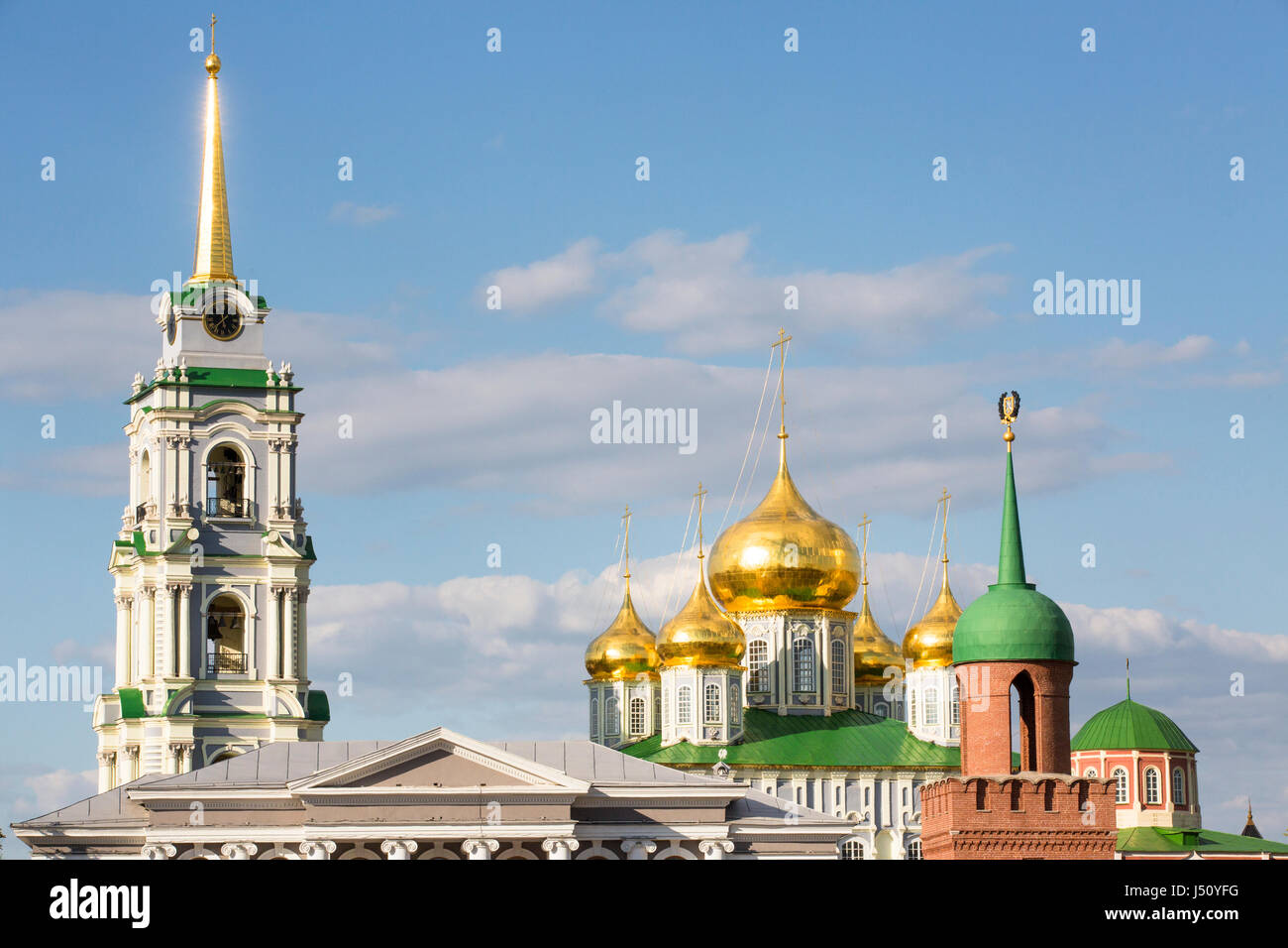 View of Odoevskaya tower of the Tula Kremlin, Assumption (Uspensky) Cathedral and Museum of Tula samovar at downtown of Tula, Russia Stock Photo