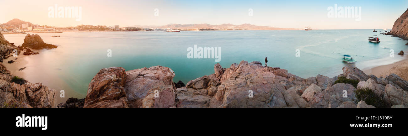 Panorama of the Cabo San Lucas harbor at sunset. Stock Photo