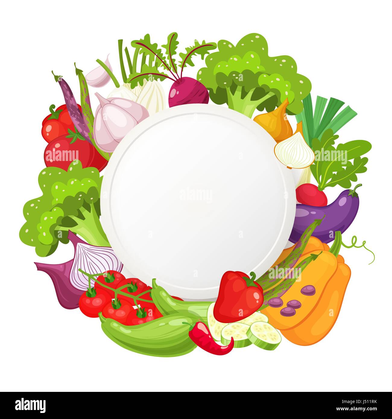 Healthy vegetables and vegetarian food round banner. Fresh organic food, healthy eating background with place for text. Natural farm product . Cartoon vector illustration Stock Vector