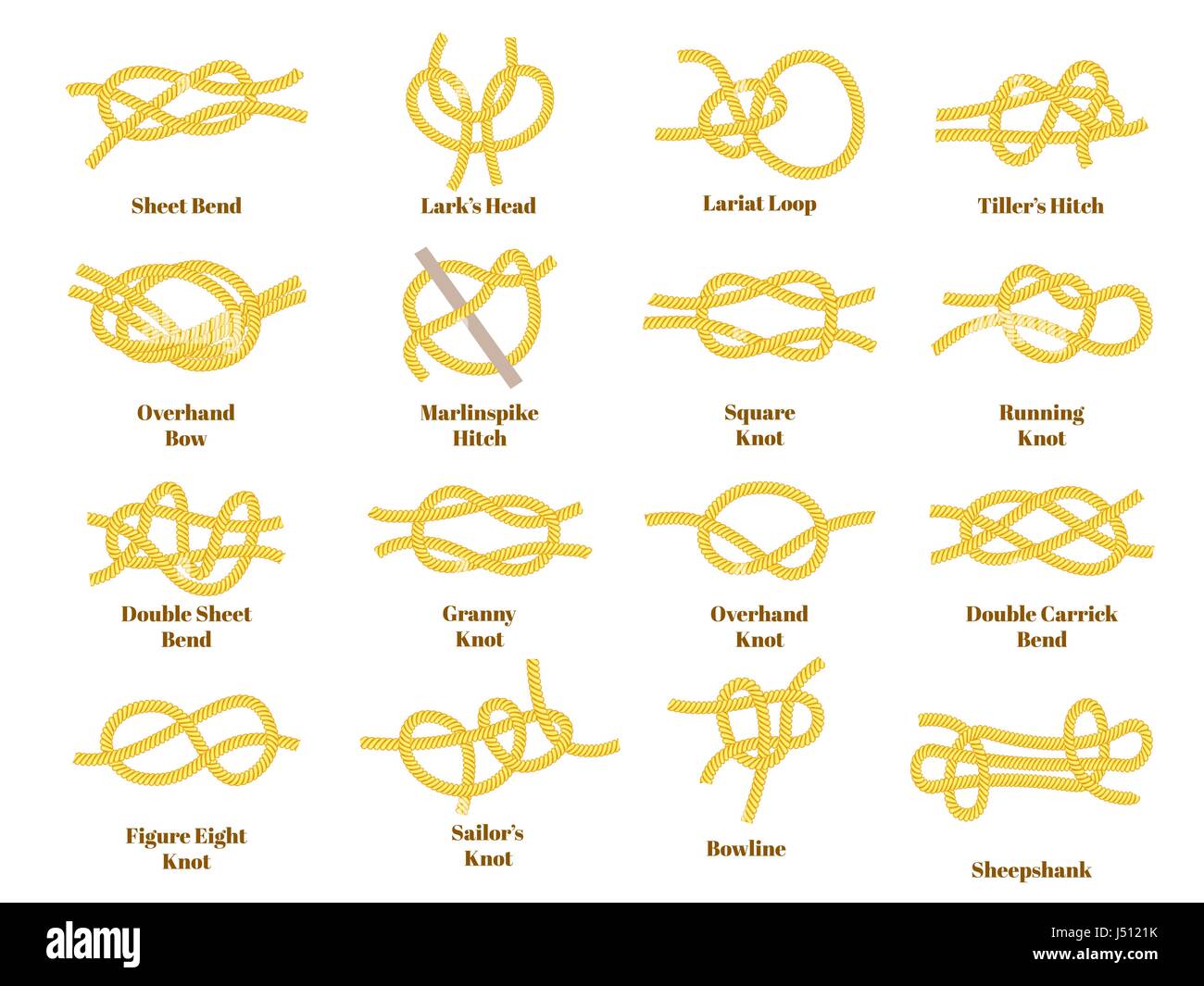 Nautical golden yellow knots on white background, vector Stock Vector
