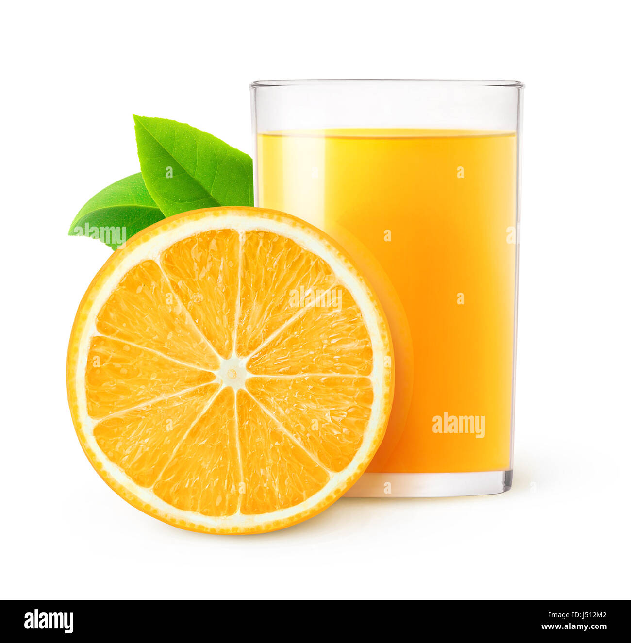 Isolated drink. Glass of orange juice and one slice of fruit isolated on white background with clipping path Stock Photo