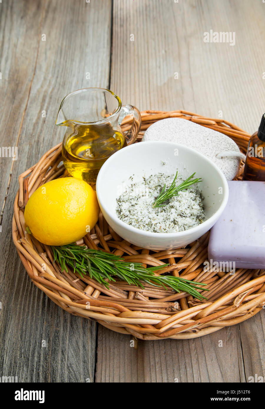 Natural organic spa ingredients with manuka honey, essential oil bottle,  clay powder , bath salt, rosemary branches, natural soap, lemon top view  with Stock Photo - Alamy