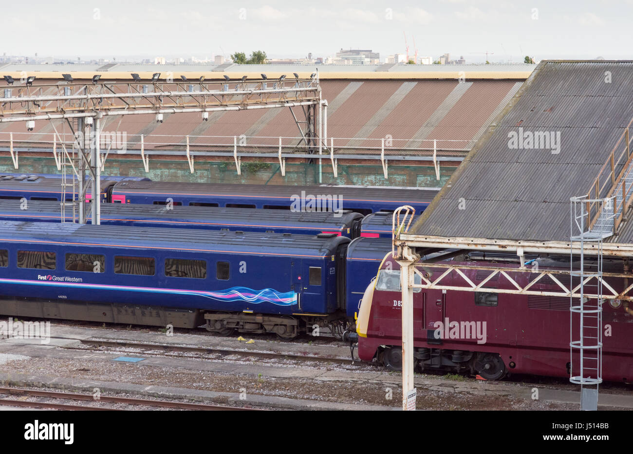 London, England - July 10, 2016: First Great Western Intercity 125 High Speed Trains stabled at Old Oak Common Train Maintenance Depot in west London. Stock Photo