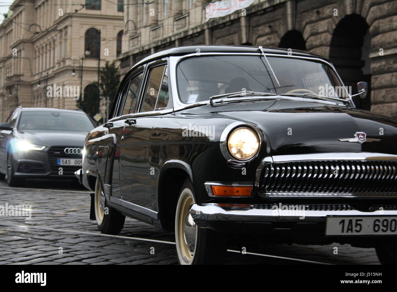Soviet car Volga GAZ in Prague city street, picture was made on May 8th when Europe and world celebrates end of world war 2. Stock Photo