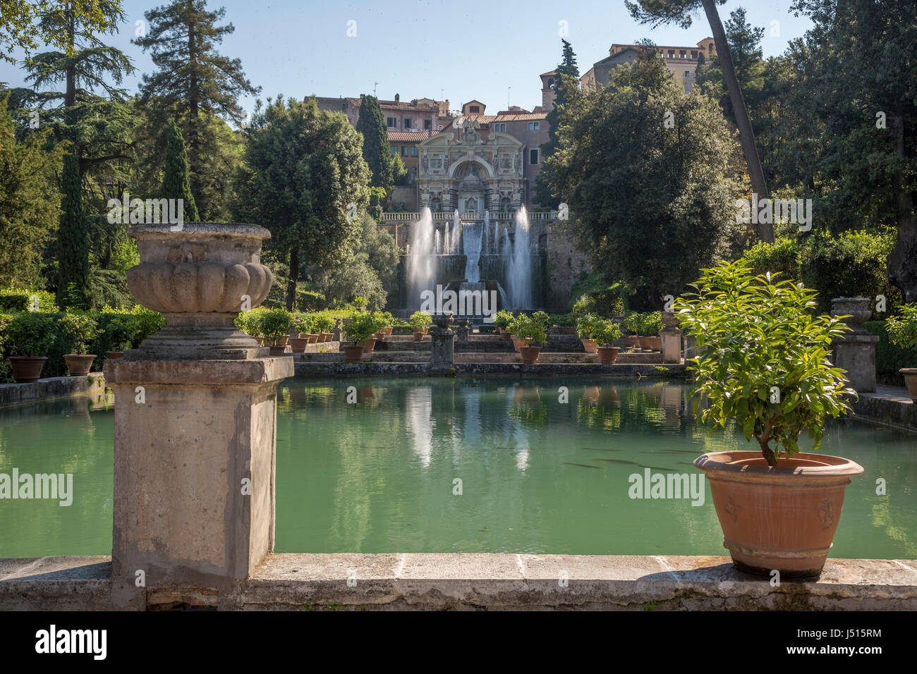 View towards the Fish Ponds, the Fountain of Neptune (Fontana di Nettuno) and the Fountain of the Organ, Villa d'Este, Tivoli, near Rome, Italy Stock Photo