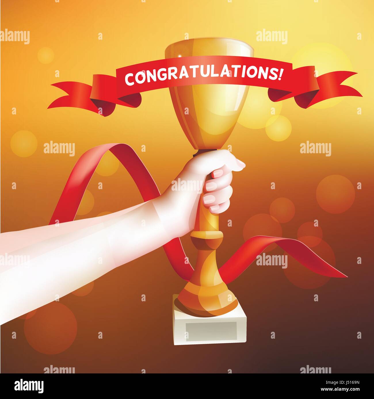 Hand Holding Up Trophy. Vector Winner Cup Illustration with Red Ribbon with Congratulations. Stock Vector