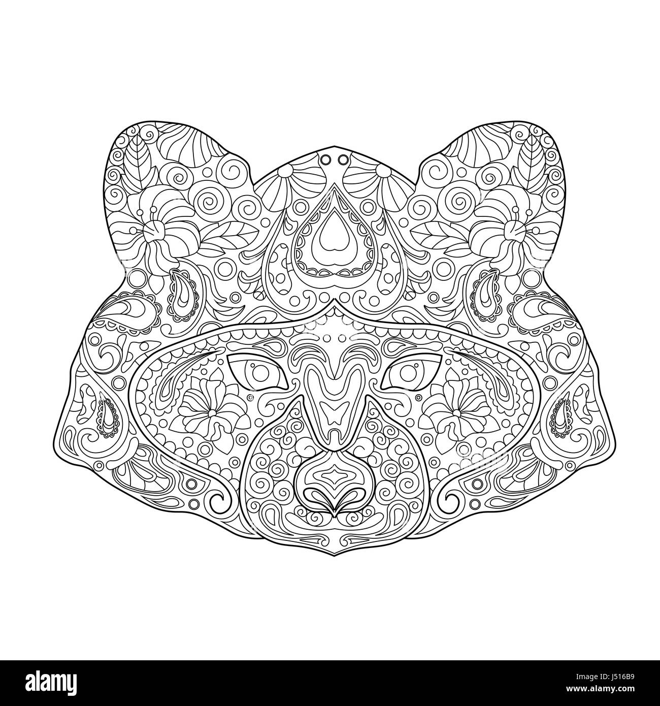 Ethnic Zentagle Ornate Hand Drawn Raccoon Head. Black and White Ink Doodle Vector Illustration. Sketch for Tattoo, Poster, Print or t-shirt. Relaxing  Stock Vector