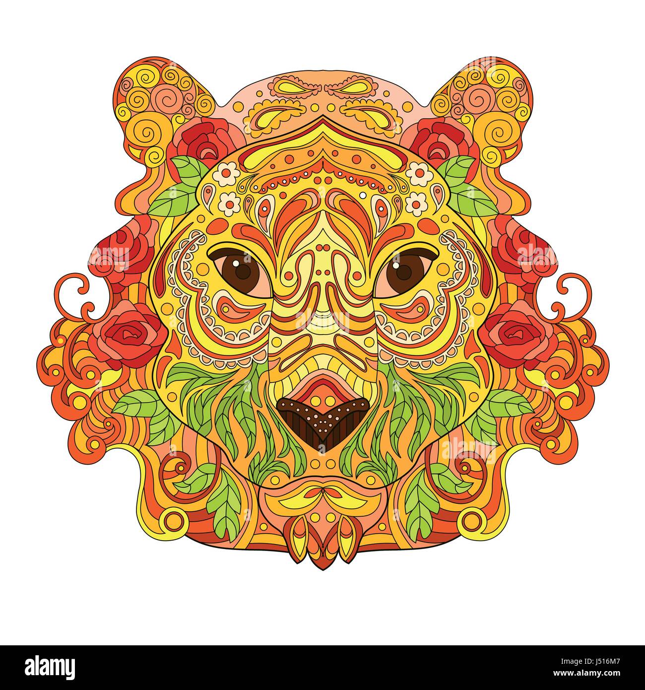Ethnic Zentangle Ornate HandDrawn Lion Head. Painted Ink Doodle Animal Head Vector Illustration. Sketch for Tattoo, Poster, Print or t-shirt. Relaxing Stock Vector