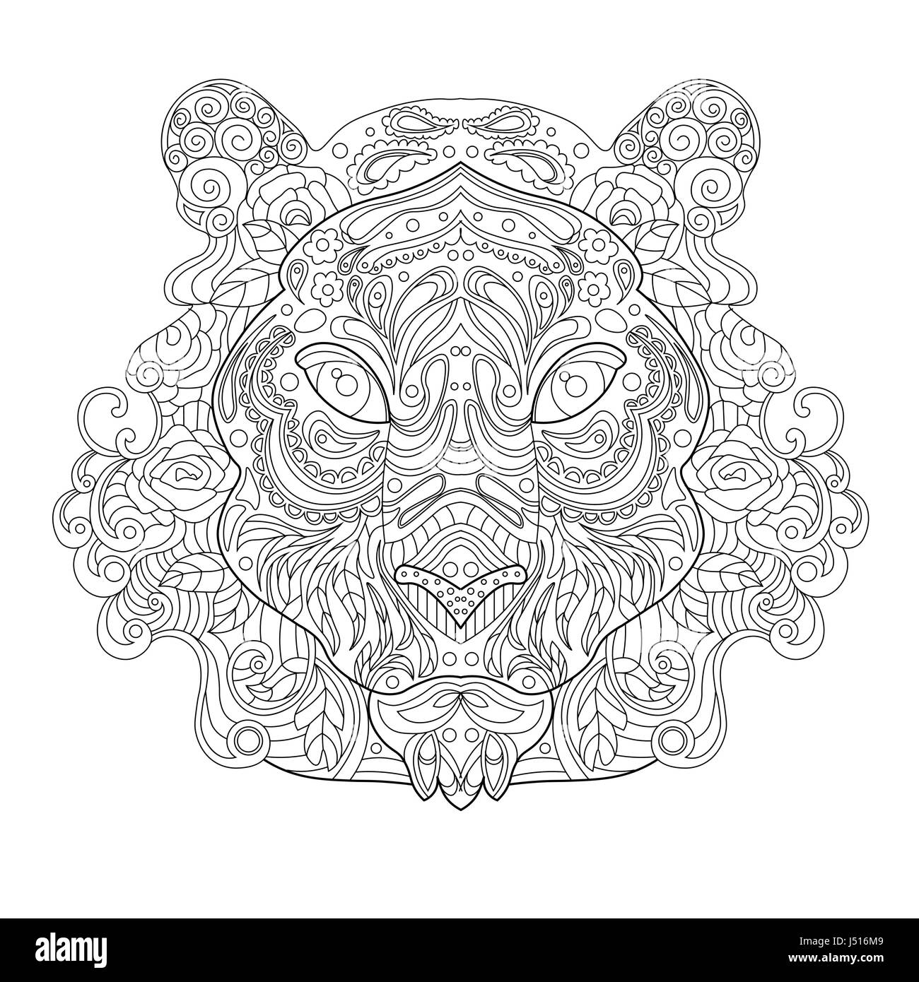 Ethnic Zentagle Ornate Hand Drawn Tiger Head. Black and White Ink Doodle Vector Illustration. Sketch for Tattoo, Poster, Print or t-shirt. Relaxing Co Stock Vector
