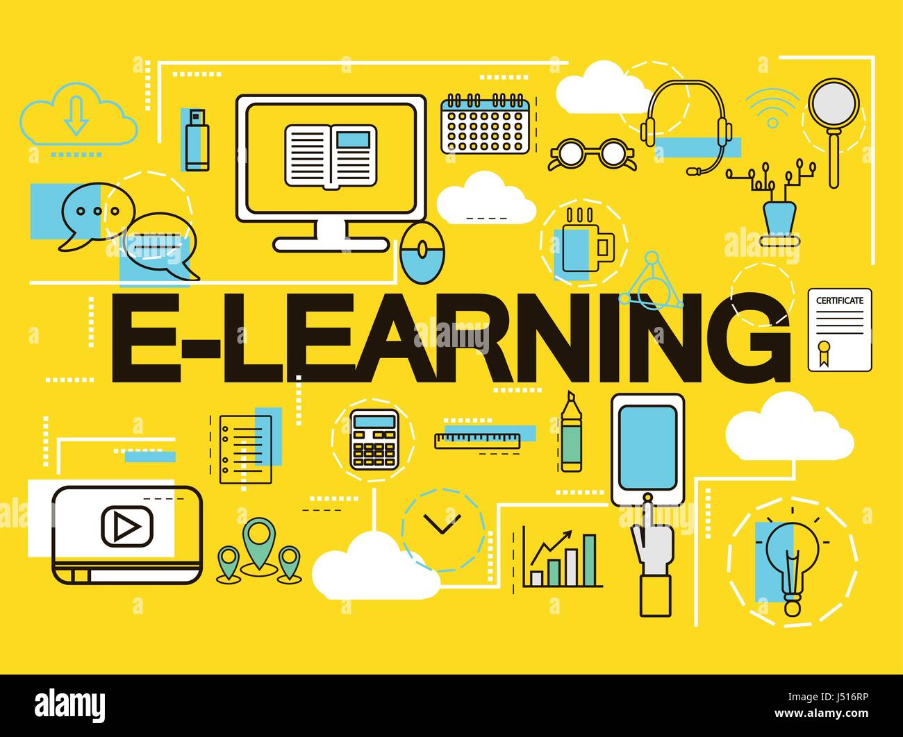 E-learning banner concept. Online Education. Thin Line icons. Vector Illustration.For web banners and promotional materials. Stock Vector