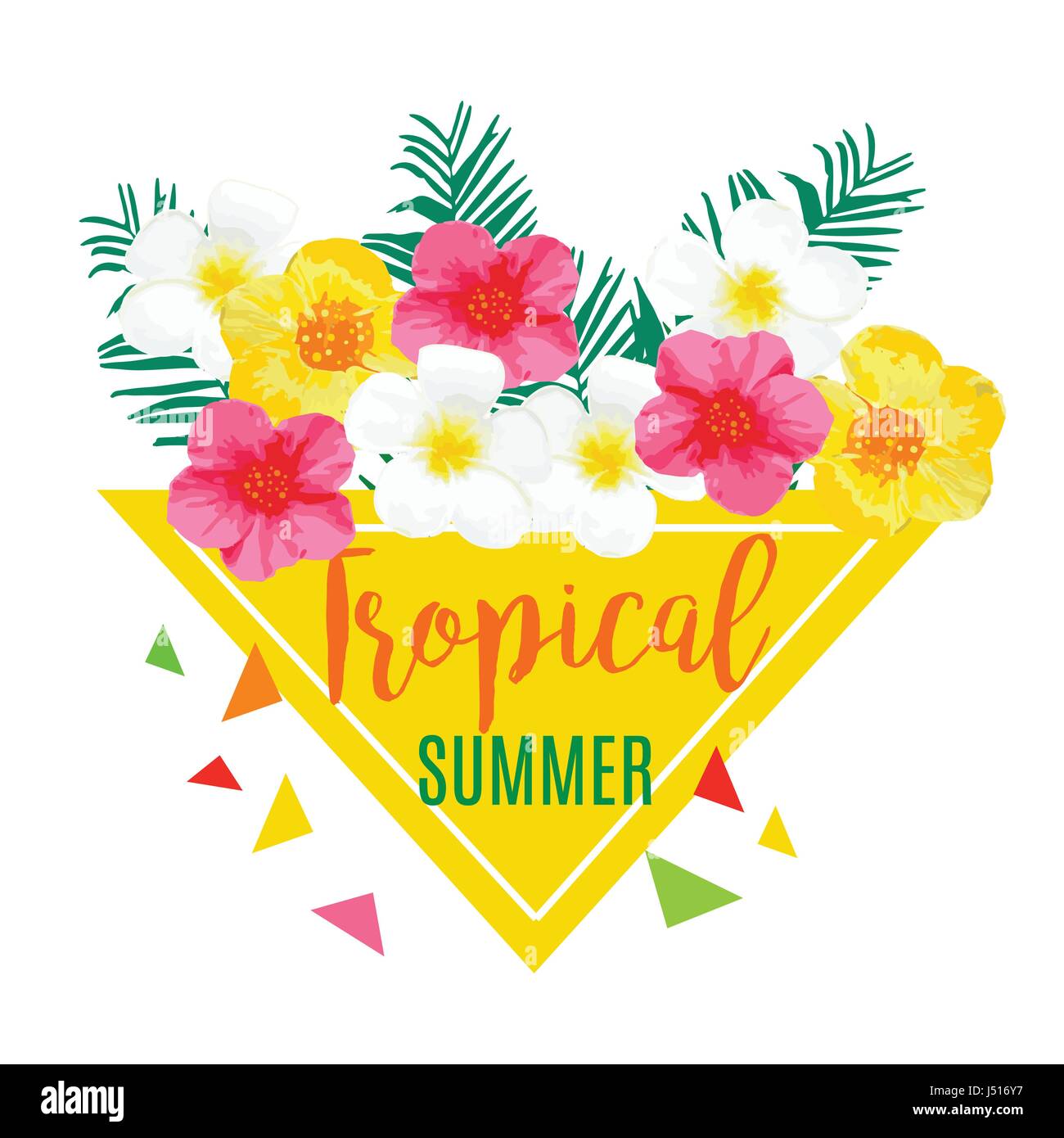 Tropical Summer Poster with Exotic Flowers, Palm Leaves. Vector ...