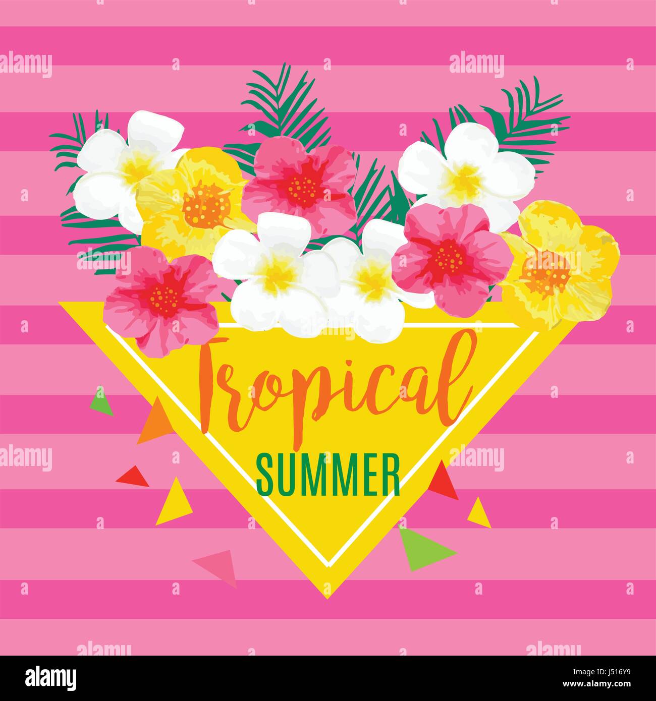Tropical Summer Poster with Pineapple, Exotic Flowers, Palm Leaves ...
