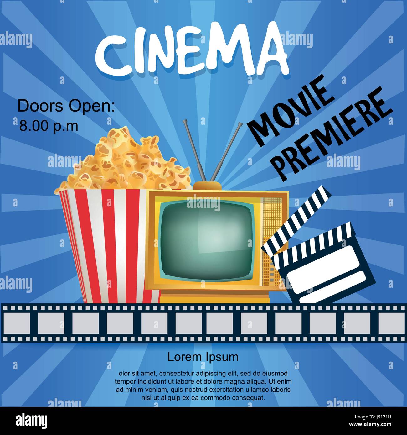 Realistic Cinema Poster. Movie Premiere. Template Banner with TV, Popcorn,  Clapper and Film. Vector Detailed Illustration on Blue Background Stock  Vector Image & Art - Alamy