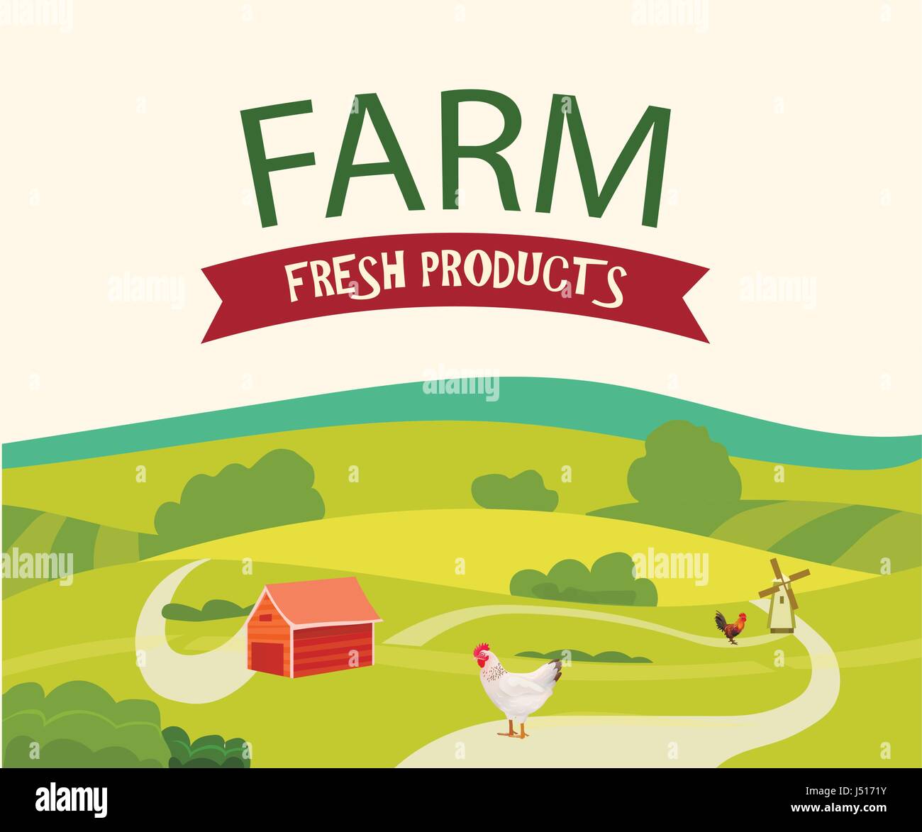 Rural Farm Landscape with Hen and Rooster . Vector Illustration Stock ...