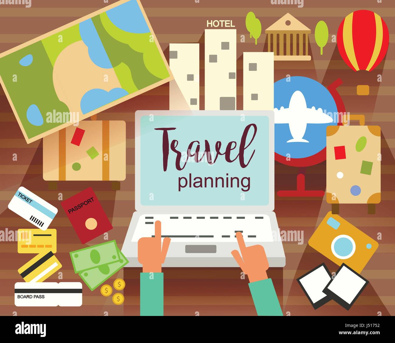 Travel Planning flat vector illustration. Prepairing for journey. Searching,booking. Objects and Icons. Eps 10 Stock Vector