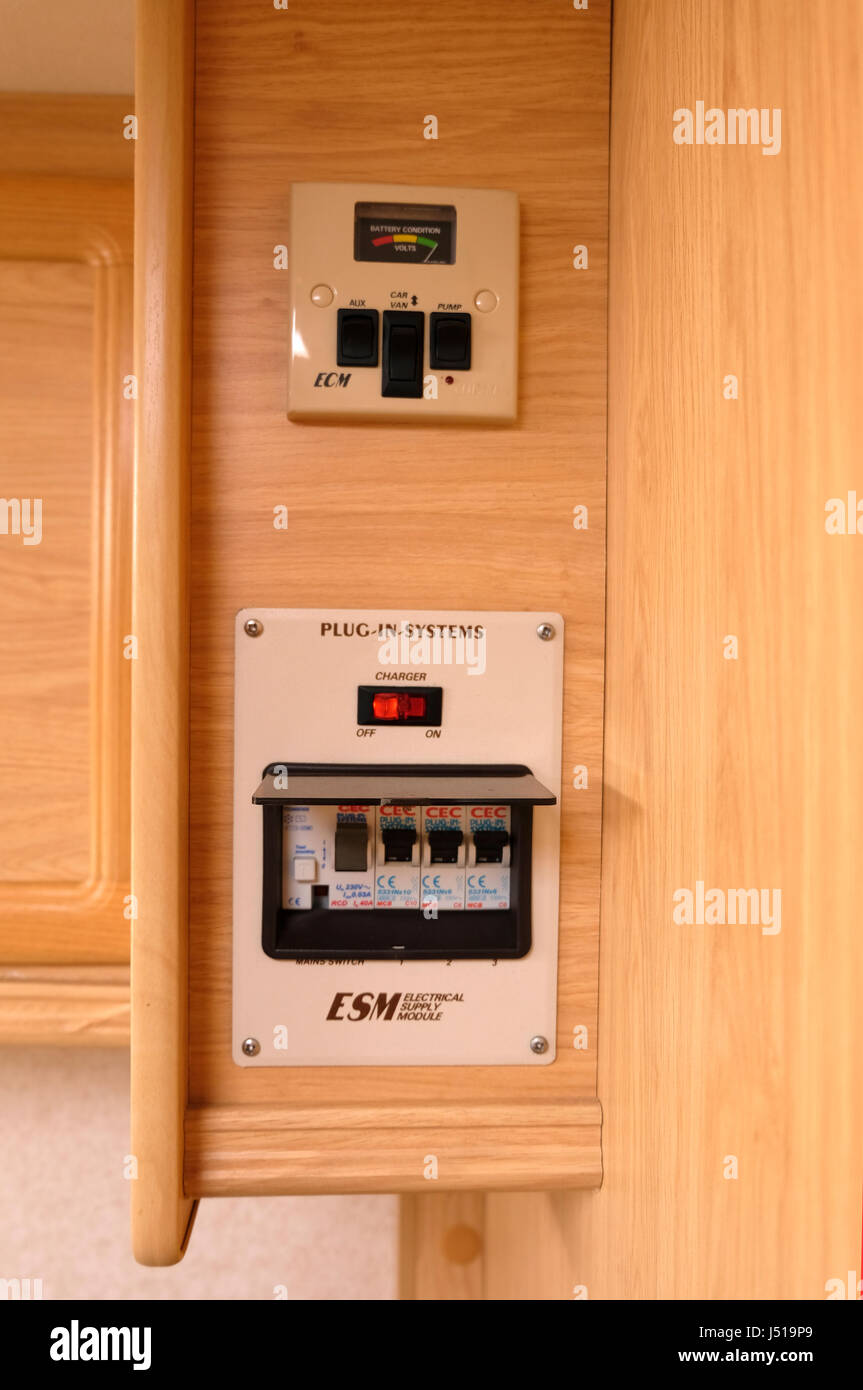Electricity controls in a 2 berth 2001 touring caravan Stock Photo Alamy