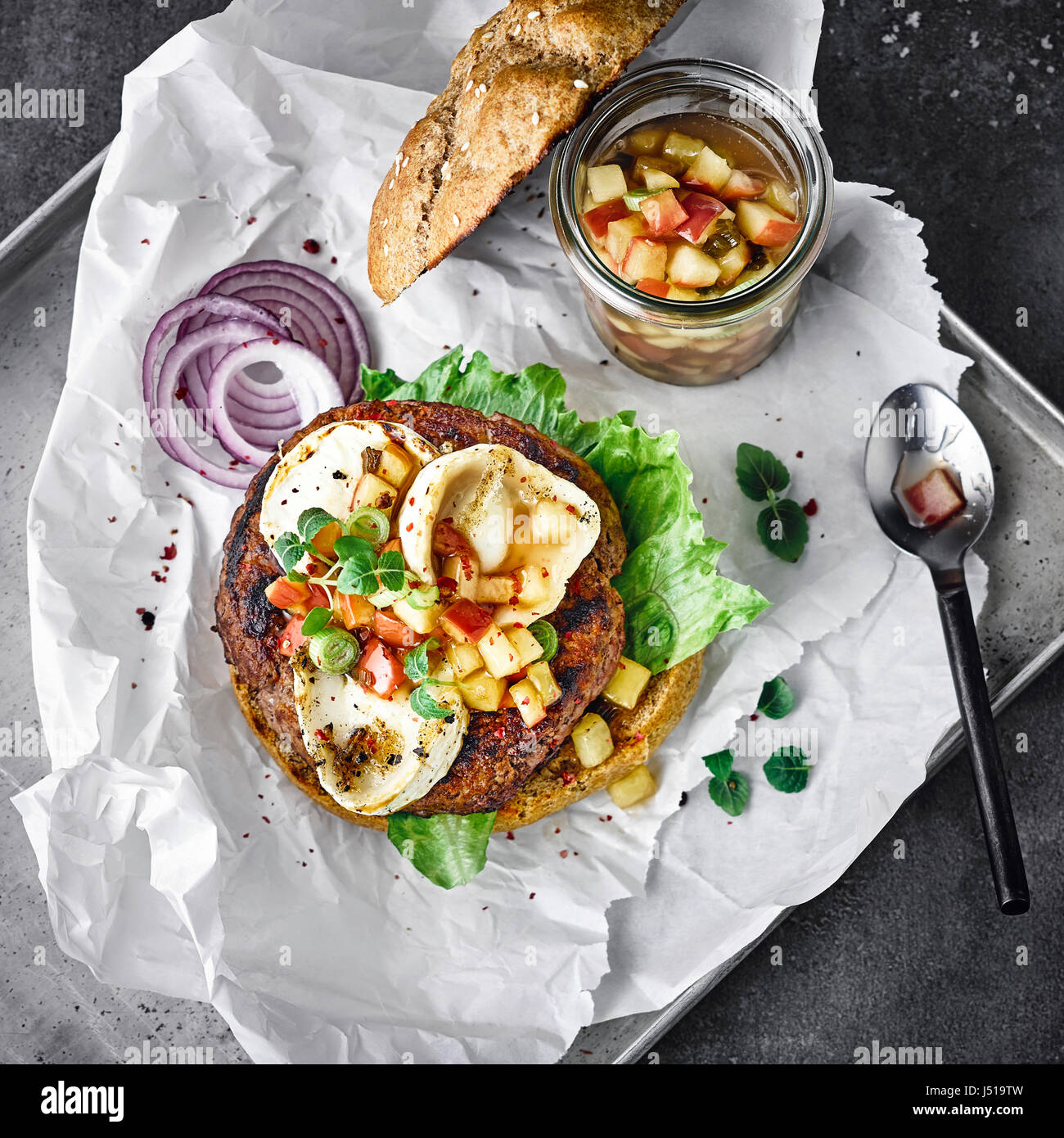 Beef Burger with soft goat cheese Stock Photo