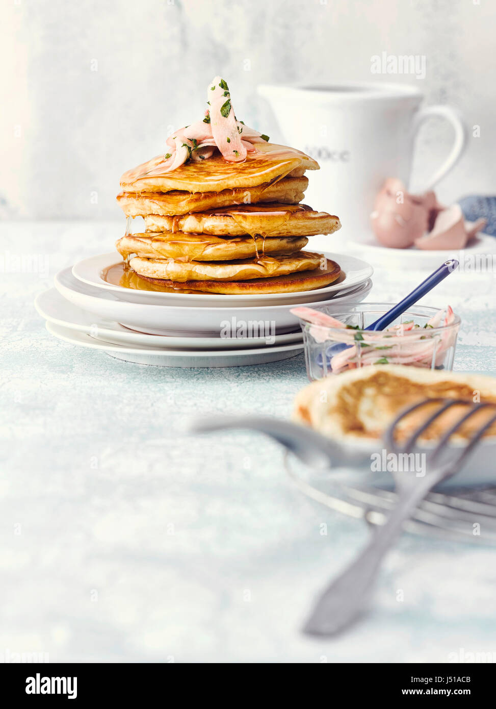 Pancakes with pieplant Stock Photo