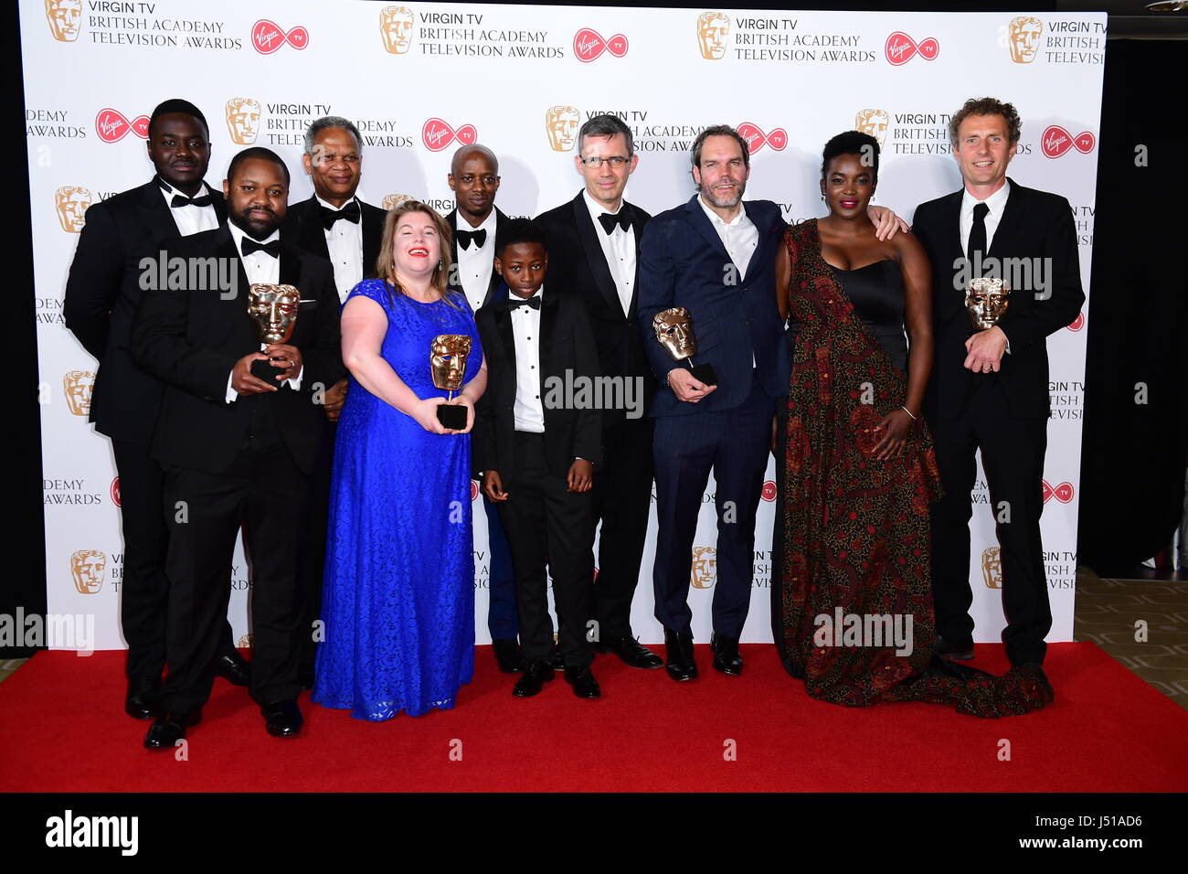 Babou Ceesay, Levi David Addai, Richard Taylor, Susan Horth, Sammy Kamara, Tunder Taylor, Adrian Kelly, Colin Barr and Wunmi Mosaku with the award for Best Single Drama in the press room at the Virgin TV British Academy Television Awards 2017 held at Festival Hall at Southbank Centre, London. PRESS ASSOCIATION Photo. Picture date: Sunday May 14, 2017. See PA story SHOWBIZ Bafta. Photo credit should read: Ian West/PA Wire Stock Photo