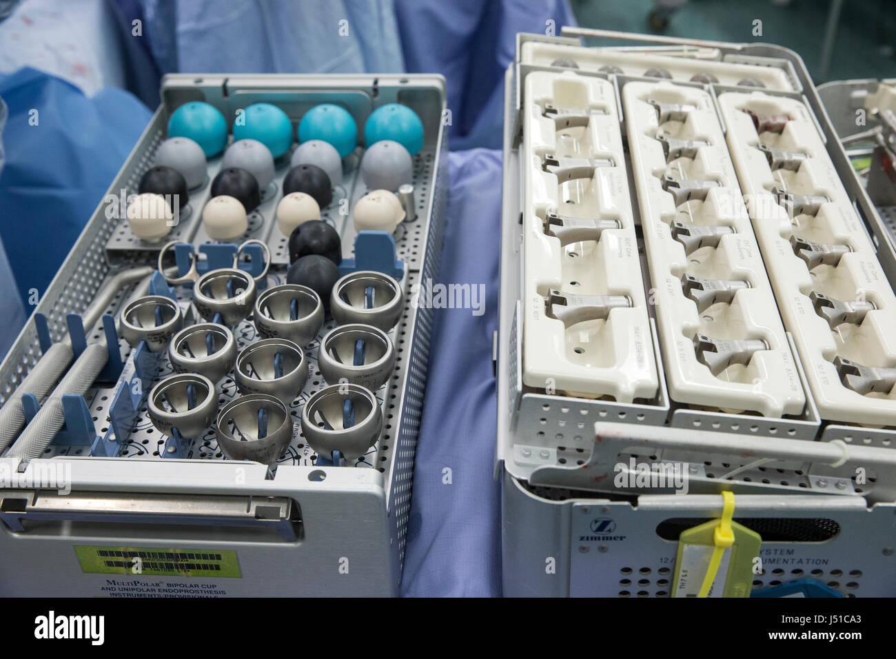 Items used in a hip replacement operation laid out in the operating