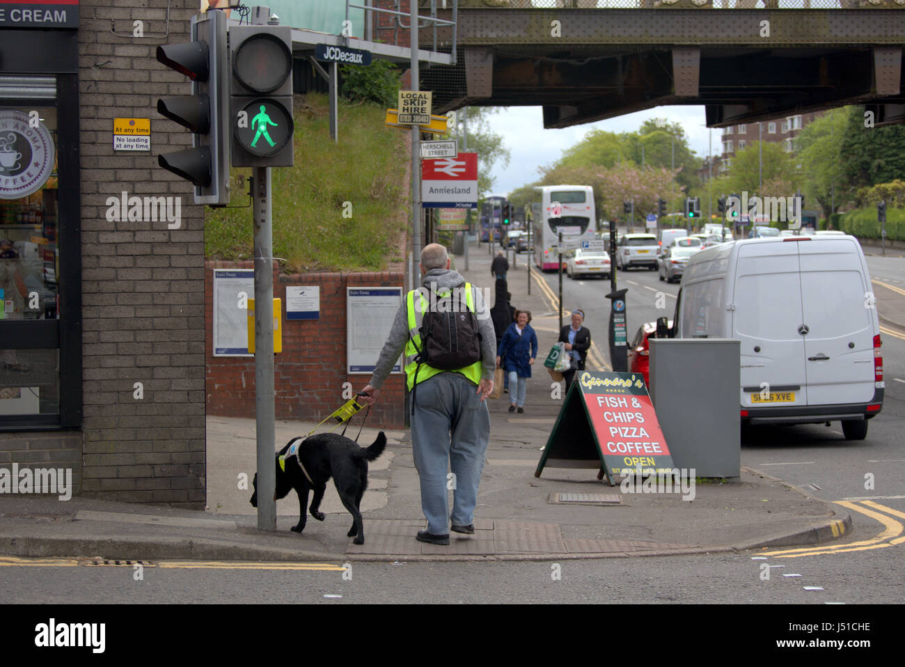 blind man with guide dog at traffic lights green man go street scene Glasgow Stock Photo